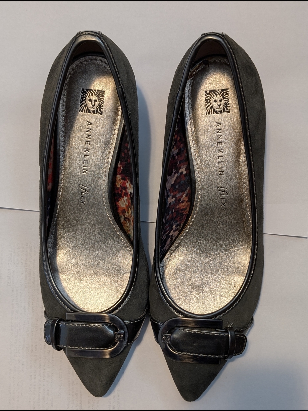 Anne Klein Dark Grey Suede Pointed Toe Kitten Heels with Decorative Buckle
